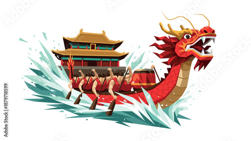 Vibrant dragon boat with chinese architecture and rowers in motion