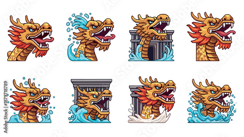 Pixel art dragon heads with dynamic water elements and classical columns