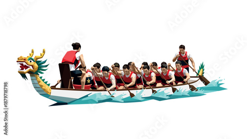 Dragon boat racing: team in red jerseys paddling in sync on white background