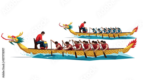Dragon boat race with paddlers in motion and drummer in traditional chinese festival celebration