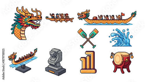 Dragon boat festival pixel art collection with drums, paddles, and water waves