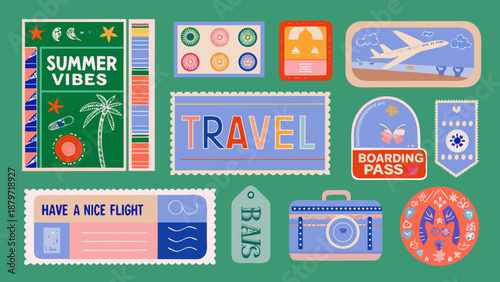 Colorful travel stickers and summer elements on a vibrant green background
