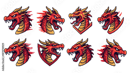 Set of fierce fire breathing dragon heads in pixel art style