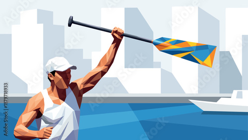 Geometric athlete holding paddle in urban harbor setting