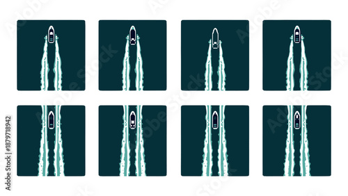 Set of motorboats leaving wake tracks on deep blue water top view
