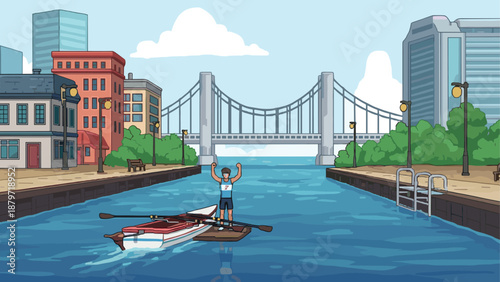 Triumphant rower celebrates victory on river in urban cartoon scene