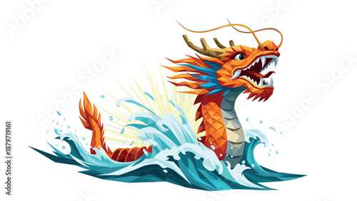 Vibrant geometric dragon emerging from ocean waves in dynamic low poly style