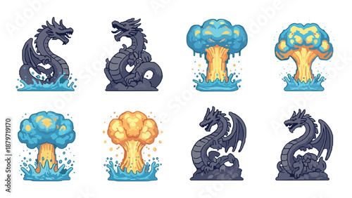 Pixel art dragons and explosions: mythical creatures and fiery blasts in retro style