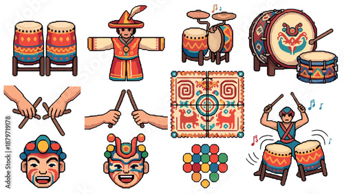Traditional asian drumming and cultural elements in pixel art style