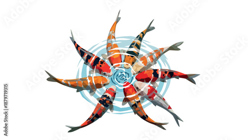 Colorful koi fish in circular formation with geometric pattern