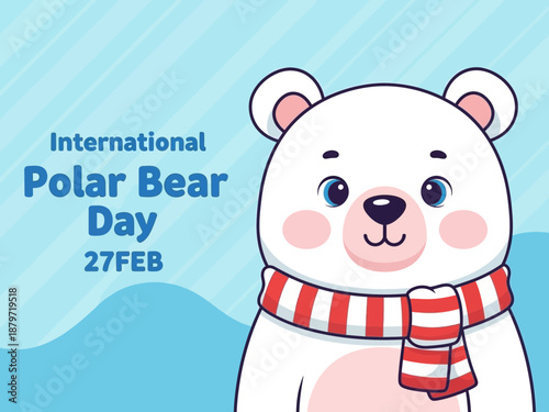Cartoon polar bear wearing a red and white striped scarf on blue background