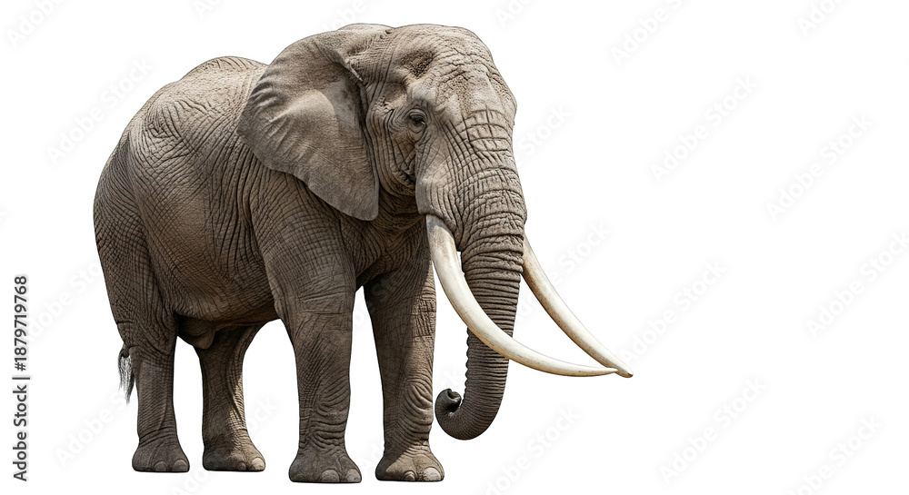 Obraz premium A majestic African elephant stands tall with prominent tusks against a stark black backdrop.