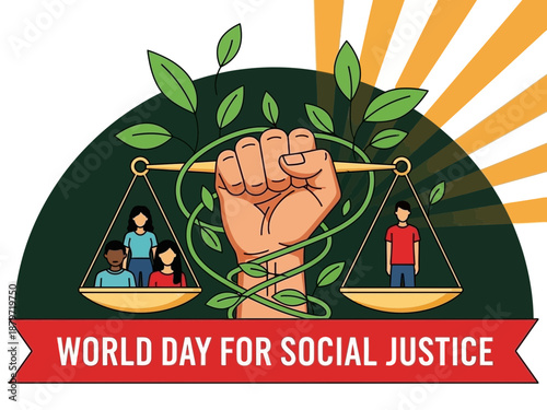 World day for social justice illustration with scales and fist