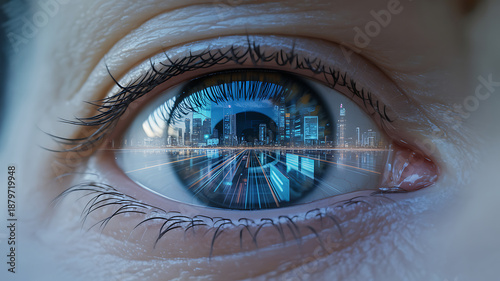 Extreme close-up of a human eye reflecting a futuristic cityscape or digital interface, ideal for technology concepts.