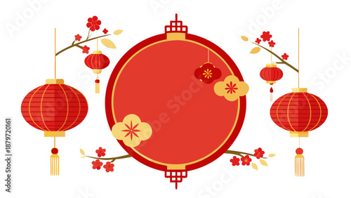 Chinese New Year red lantern frame with plum blossoms and gold accents