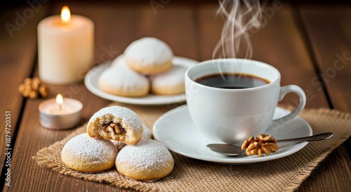 Wallpaper Mural Serene Vanilice Walnut Cookies and Coffee with a Warm Candlelit Glow, Cozy Setting Torontodigital.ca