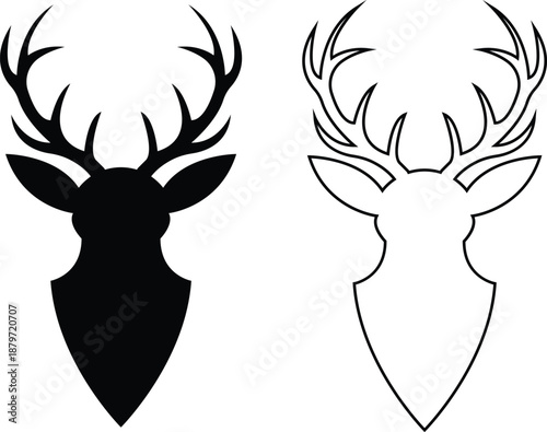 Deer antlers head icons set collection with stag buck reindeer silhouettes in flat and line style, wildlife animal outline illustration group for logo branding tattoo design
