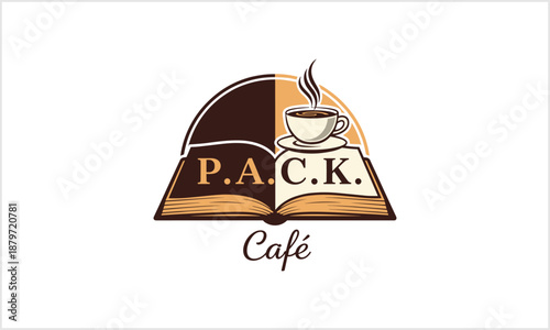 A logo for a cafe featuring a stylized book and cup design