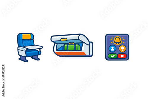 Travel icons: airplane seat, luggage compartment, and notification panel