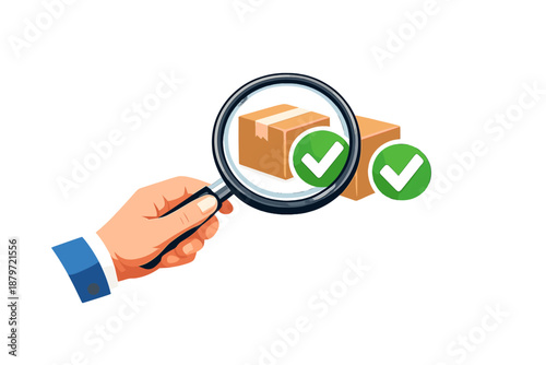 Hand holding magnifying glass over package with checkmarks