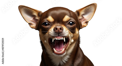 An angry brown chihuahua dog with an open mouth displaying its teeth on a black background.