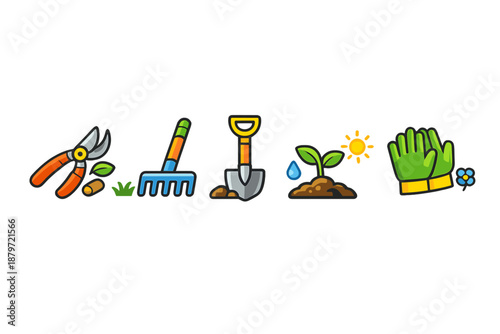 Gardening Icons with Tools and Plant Growth