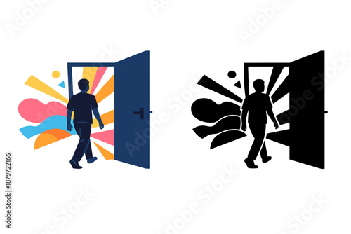 Person walking through a glowing doorway into colorful abstract shapes