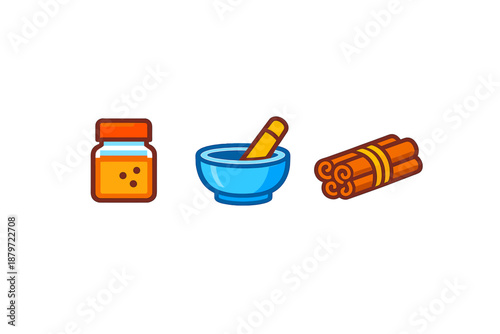Jar of honey, mortar and pestle, and cinnamon sticks icons