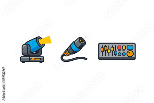 Stage lighting, microphone, and sound mixer icons