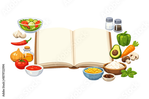 Open Recipe Book Surrounded by Fresh Ingredients