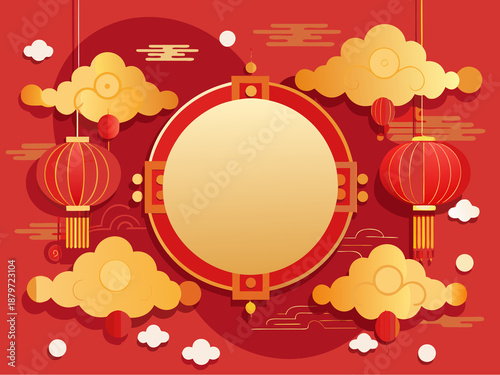 Luxury Chinese New Year Background with Golden Clouds, Red Lanterns, and Central Frame for Text