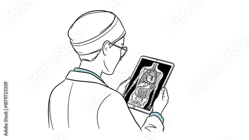 Doctor analyzing digital organ scan on tablet: line art illustration