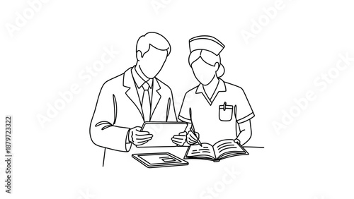 Healthcare professionals collaborating: doctor and nurse teamwork in a linear design