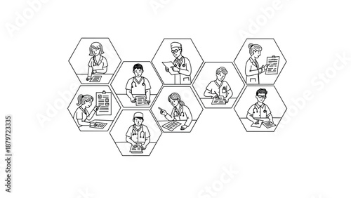 Healthcare professionals in hexagonal network - linear style medical teamwork concept