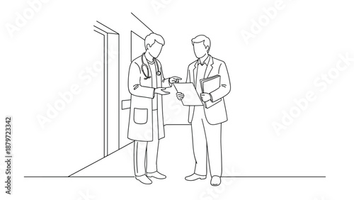 Outline of professionals discussing medical documents in a hallway