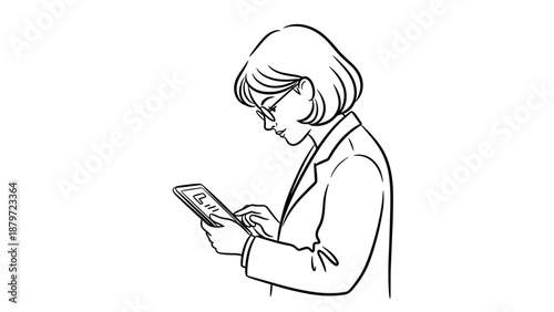Businesswoman analyzing smartphone data in linear style