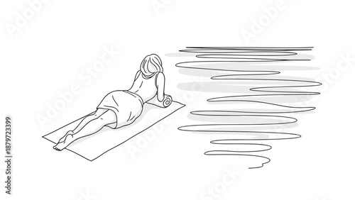 Minimalist line art of woman relaxing on beach towel by the shore