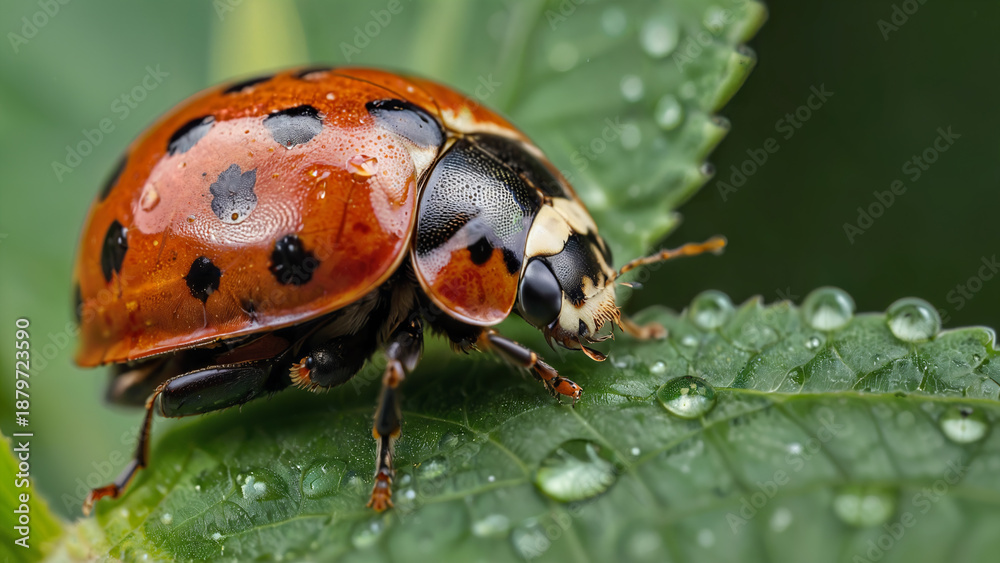 Fototapeta premium Macro Photography of Ladybug on Green Leaf with Dew Drops