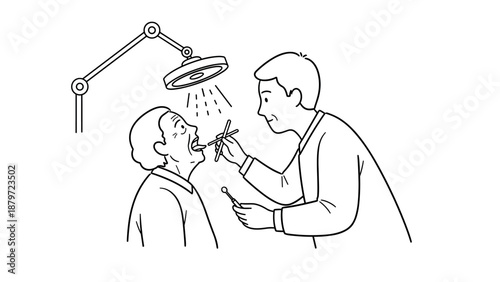 Linear illustration of dentist examining elderly patient