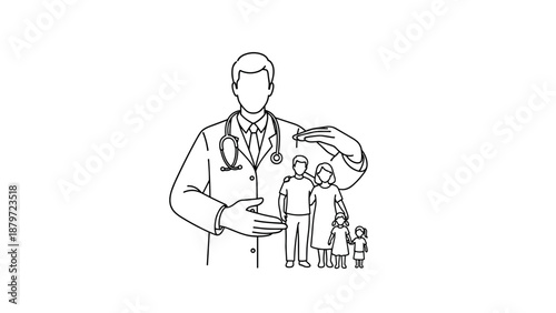 Doctor protecting family: medical care and healthcare concept in outline style