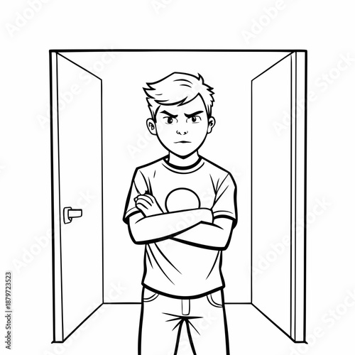 Teenage boy with a defiant expression standing confidently in an open doorway.