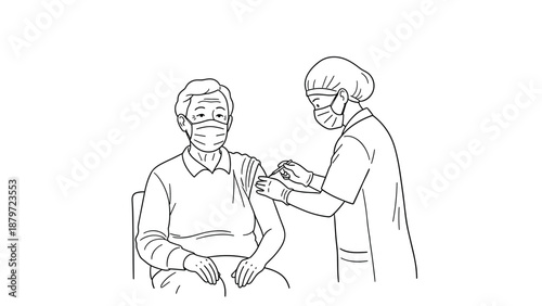 Healthcare worker administers vaccine to elderly person in linear style