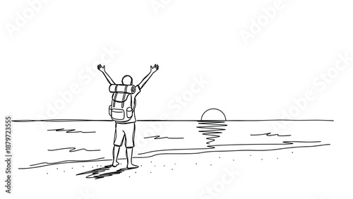 Traveler enjoying a beach sunrise with backpack in minimalist style