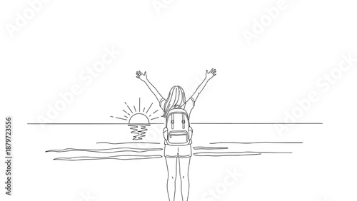 Line art of happy backpacker enjoying sunset at beach