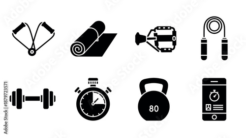 Fitness icons set: dumbbells, kettlebell, jump rope, stopwatch, roll mat, pedals