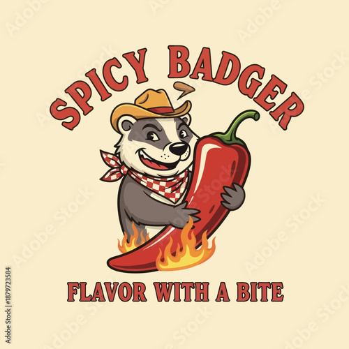 Cartoon Badger Holding Flaming Red Pepper.