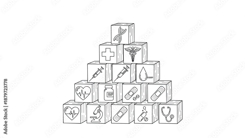 Naklejka premium Healthcare icons on stacked wooden blocks in linear style