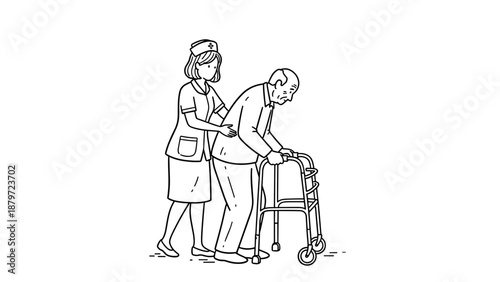 Nurse assisting elderly man with walker in linear style drawing