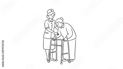 Healthcare support: nurse assisting elderly woman with walker in linear art