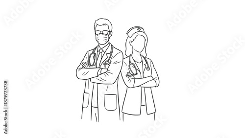 Healthcare professionals teamwork: confident doctor and nurse in medical attire